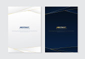 Cover brochure template header and footers polygonal pattern luxury style on dark blue and white background with golden lines. You can use for letterhead, poster, banner web, print, leaflet, flyer, etc.