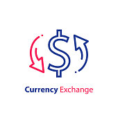 Currency exchange, dollar sign and circle arrow, fast loan, financial solution