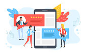 Customer reviews. People rate, online comment, recommend and give 5 stars. Positive feedback, client satisfaction concepts. Smartphone, mobile phone with testimonials on screen. Modern flat design. Vector illustration