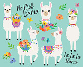 Cute Llamas with Spring Flowers Vector Illustration.