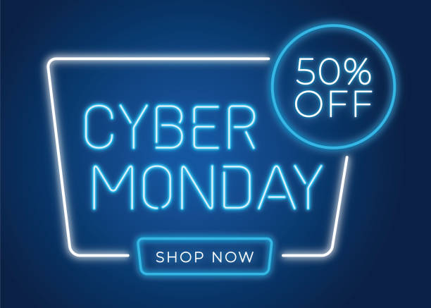 cyber monday banner in fashionable neon style, luminous signboard, nightly advertising advertisement of sales rebates of cyber monday. - types of marketing stock illustrations