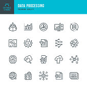 Data Processing - thin line vector icon set. Editable stroke. Pixel Perfect. Set contains such icons as Data, Infographic, Big Data, Cloud Computing, Machine Learning, Security System.