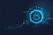 Data security concept design for personal privacy, data protection, and cyber security. Padlock with Keyhole icon on blue background.