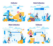 Debt collector concept set. Pursuing payment of debt owed by person or businesses