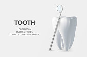 Dental Inspection Banner, Plackard. Vector 3d Realistic Dentist Mirror for Teeth with Tooth Icon Closeup on White Background. Medical Dentist Tool. Design Template. Dental Health Concept