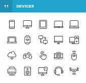 Devices Line Icons. Editable Stroke. Pixel Perfect. For Mobile and Web. Contains such icons as Smartphone, Printer, Smart Watch, Gaming, Drone.