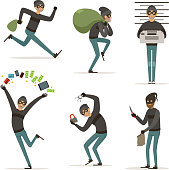 Different actions scenes with cartoon bandit. Vector mascot of thief in action poses. Illustrations of robbery or raid
