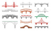 Different bridges flat vector illustrations set. Various bridgeworks isolated on white background. Big urban and small wooden bridges pack. Huge city landmarks and simple passages collection.