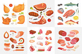 Different kind of meat food icons set vector. Raw ham, set grill chiken, piece of pork, meatloaf, whole leg, beef and sausages. Salmon fish and seafood.