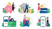 Digital banking. Bank transactions, credit card payment and internet payments. Online pay vector illustration set