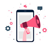 Digital Marketing, Digital Mobile and Affiliate Online Social Media. Marketing Strategy Concept. Refer A Friend Advertising. mobile phone, Hand hold megaphone, flat Vector Illustration