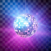 Disco ball with bright rays on transparent background, night party retro background. Vector illustration