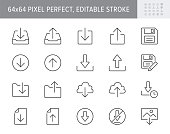 Download line icons. Vector illustration include icon - upload, cloud storage, folder, arrow, document, diskette, floppy disk outline pictogram for web button. 64x64 Pixel Perfect, Editable Stroke