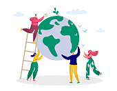 Earth Day Man Save Green Planet Environment. People of World Water Plant for Ecology Celebration Preparation in April. Nature Globe Ecology Protect Concept Flat Cartoon Vector Illustration