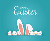Easter poster, background or card with eggs and bunny ears. Vector illustration.
