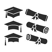 Education vector icons, academic hat and graduation diploma