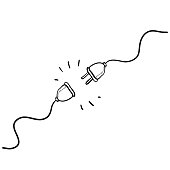 Electric socket with a plug. Connection and disconnection concept for 404 error connection. handdrawn doodle style