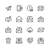 Email and Messaging Line Icons. Editable Stroke. Pixel Perfect. For Mobile and Web. Contains such icons as Email, Messaging, Text Messaging, Communication, Invitation, Speech Bubble, Online Chat, Office.
