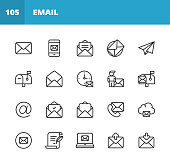 Email and Messaging Line Icons. Editable Stroke. Pixel Perfect. For Mobile and Web. Contains such icons as Email, Messaging, Text Messaging, Communication, Invitation, Speech Bubble, Online Chat, Office, Social Media, Remote Work, Work from Home.