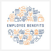 Employee Benefits Concept - Colorful Line Icons, Arranged in Circle