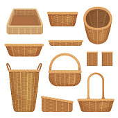 Empty baskets set isolated on white background. Wicker picnic baskets, Easter holiday, container clean.