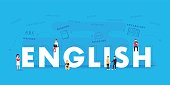 English word for education with icons flat design. Vector polyglot typographical wordcloud with mutiple words
