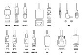 USB, HDMI, ethernet and other cable and port icon set with plugs