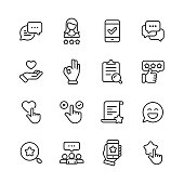 Feedback and Testimonials  Line Icons. Editable Stroke. Pixel Perfect. For Mobile and Web. Contains such icons as Feedback, Testimonials, Survey, Review, Clipboard, Happy Face, Like Button, Thumbs Up, Badge.