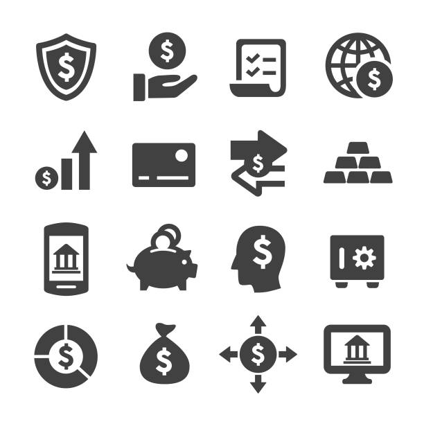 ilustraciones, imágenes clip art, dibujos animados e iconos de stock de iconos - acme serie de banca y finanzas - bolsa de dinero