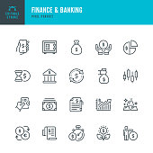 Finance & Banking - thin line vector icon set. Pixel perfect. Editable stroke. The set contains icons: Bank, Contactless Payment, Bank Deposit, Money Bag, Mobile Banking, Gold.