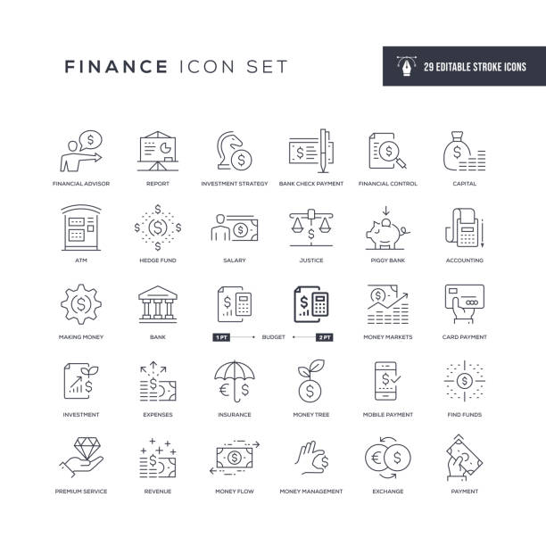 ilustraciones, imágenes clip art, dibujos animados e iconos de stock de iconos de línea de trazo editables de finanzas - bolsa de dinero