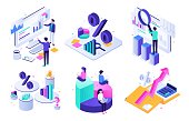 Financial audit. Budget graph, tax expert and business finance balance valuation isometric 3D vector illustration set