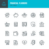 Financial Planning - thin line vector icon set. Pixel perfect. The set contains icons: Financial Planning, Piggy Bank, Savings, Economy, Insurance, Home Finances.