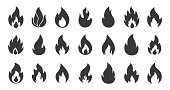 Fire icons. Simple flame silhouettes. Black contour warning signs. Collection of information symbols about fuel and hot products. Bonfire or flammable liquid. Vector fiery outline set