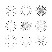 Fireworks. Set of black firecracker icons in various styles. Cartoon shape fireworks elements decoration for Anniversary, New year, Celebrate, Festival. Flat design on white. Vector illustration.