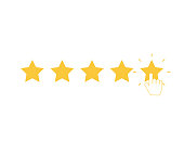 Five yellow stars with clicking hand. Quality rank set. Best choice illustration. Hand touching last star. Rating sign. Feedback and review set with simple stars shape. Vector EPS 10.