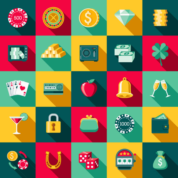 ilustraciones, imágenes clip art, dibujos animados e iconos de stock de conjunto de iconos de casino de diseño plano con sombra lateral - bolsa de dinero