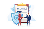 Flat Metaphor Poster Presenting Insurance Services. Cartoon Male Customer and Agent Shaking Hands over Huge Safe Contract