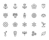 Flower line icon set. Rose, tulip in vase, fruit bouquet, spring blossom, cactus minimal vector illustration Simple outline signs for flowers delivery application. Pixel Perfect Editable Stroke