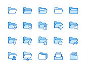 Folders flat line icons set. File catalog, document search, folder synchronization, local network vector illustrations. Outline minimal signs for web site. Pixel perfect 64x64. Editable Strokes