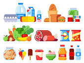 Food products. Packed cooking product, supermarket goods and canned food. Cookie jar, whipped cream and eggs pack flat vector icons