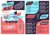 Food truck menu template. Print design with flat icons. Concept vector illustrations. Restaurant, cafe banner, flyer brochure page with food prices layout