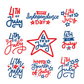 Fourth of July hand written trendy line lettering set. United States of America Independence day typographic design for poster, brochure, greeting card template. Vector flat hand drawn illustration