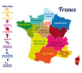 France divided into regions with state capital and regions capitals. Vector illustration.