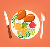 Fresh tasty grilled roasted chicken turkey legs with vegetables sliced potato cucumber broccoli and red sauce on plate. Cooking meat dish culinary top view concept. Vector flat graphic design cartoon illustration