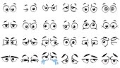 Funny cartoon eyes. Human eye, angry and happy facial eyes expressions vector illustration set