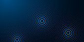 Futuristic abstract banner with abstract water rings, ripples on dark blue background.