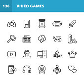Gaming and Video Games Line Icons. Editable Stroke. Pixel Perfect. For Mobile and Web. Contains such icons as Video Game, Mobile Game, Device, Gaming Console, RPG, Virtual Reality, Shooter, Keyboard, Mouse, Computer, Tablet, Multiplayer, Streaming.