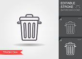 Garbage can. Outline icon with editable stroke. Linear symbol with shadow