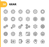Gear, Settings Line Icons. Editable Stroke. Pixel Perfect. For Mobile and Web. Contains such icons as Gear, Equipment, Engine, Settings Icon, Engineering, Industry, Machine Part, Progress, Teamwork, Technology, Management, Repair, Tool, Construction.